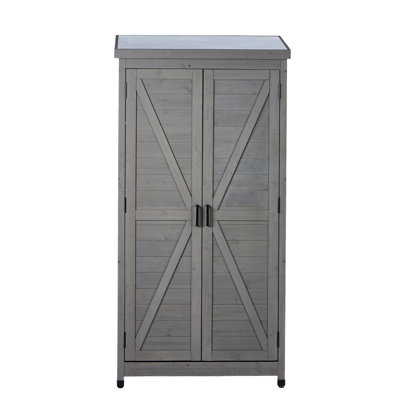 Large Outdoor Vertical Tool Cabinet With Metal Top And 3 Removable Shelves. Ideal For Storing Garden, Patio & Lawn Tools. 33"L X 18.5"W 68"H Gray Coated Wood In Look. Quick Installation Storage Shed