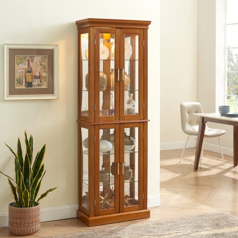 Cabinet Curio avec tablettes réglables et panneau arrière en miroir, portes en verre trempé (6 niveaux), Oak