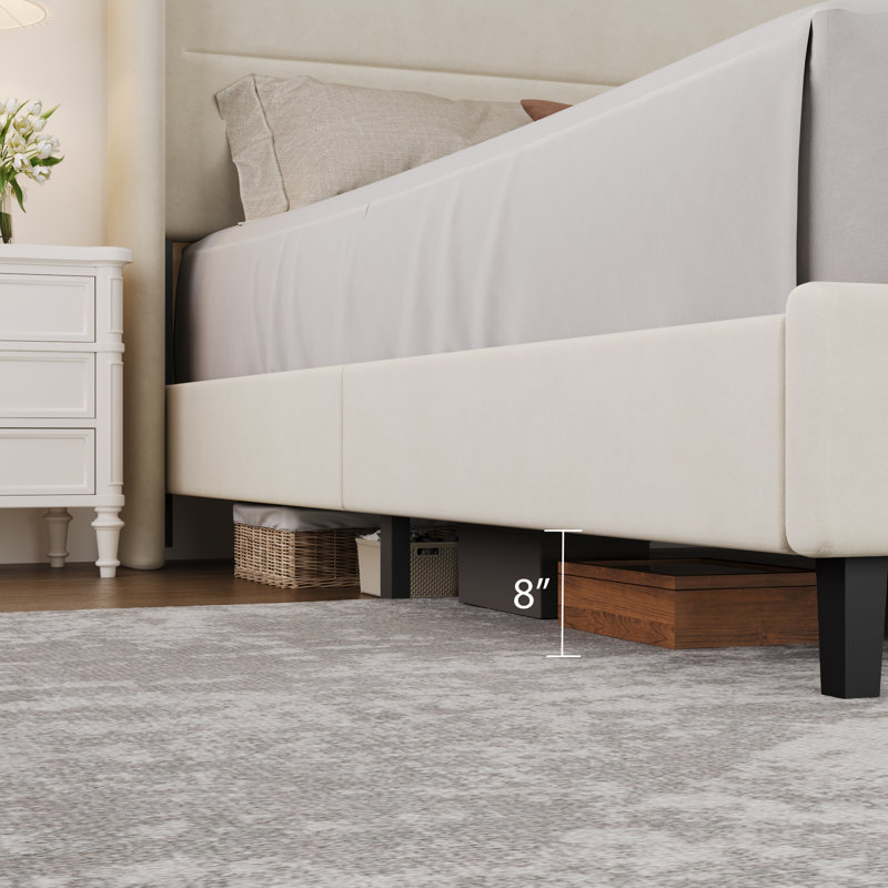 Structure de lit très grand en velours avec tête de lit à oreilles, cadre de lit tapissier avec lattes de bois, aucun sommier requis, assemblage facile, beige