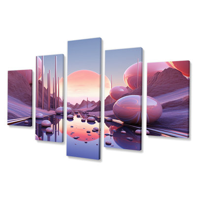 Sphères roses et bleues, univers cosmique futuriste I - Paysage abstrait, reproduction d'art sur toile - 5 panneaux