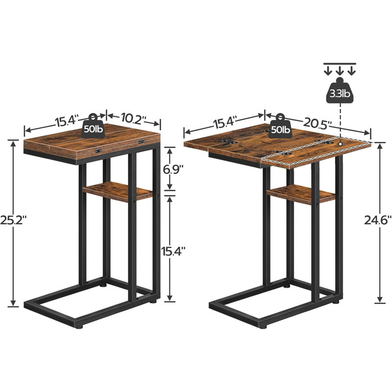 Foldable End Table C Shaped Side Table with Storage Shelf, Rustic Brown/Black