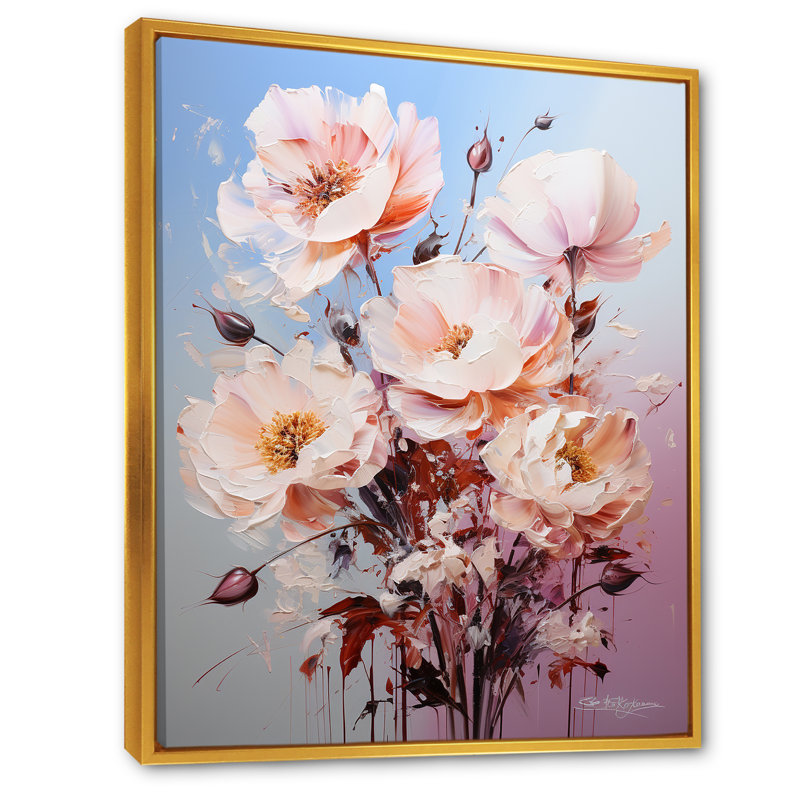 Beige, roses roses et Burgeon sur toile, H 40 po x l 30 po x P 1,5 po, Cadre flottant doré