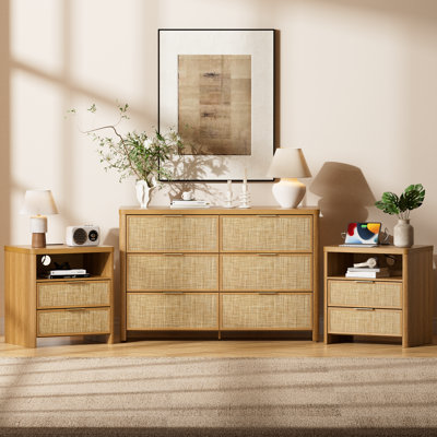 Rattan Bedroom Sets,6-Drawer Dresser  2-Drawer Nightstands,47.2" Wide Modern Chest of Drawers and Curved Edge Design for Bedroom, Nightstand with USB