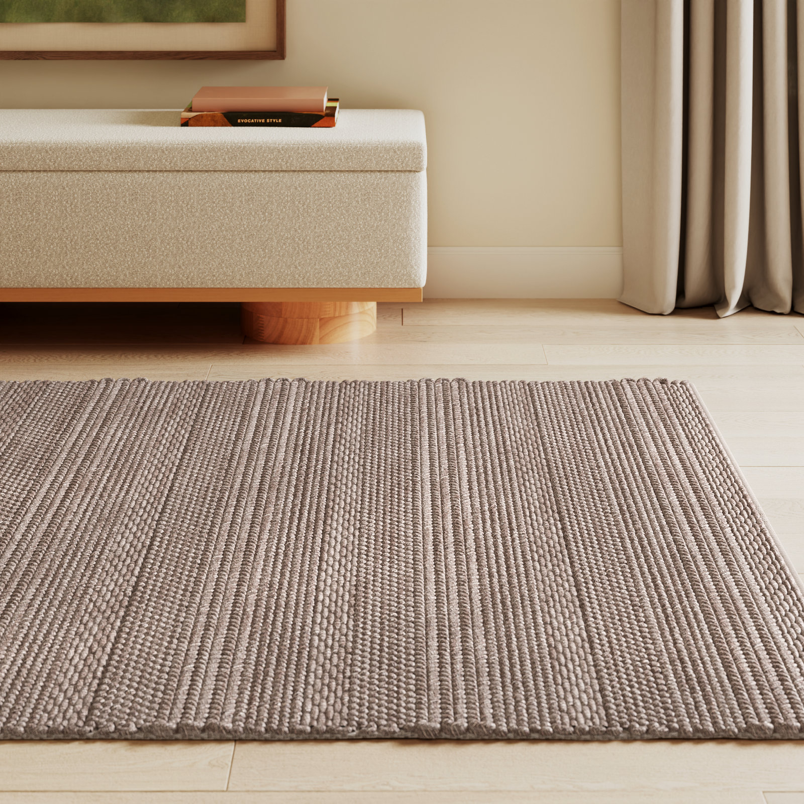 Zekia Taupe Hand-Woven Wool Rug, Rectangle 5' x 8'