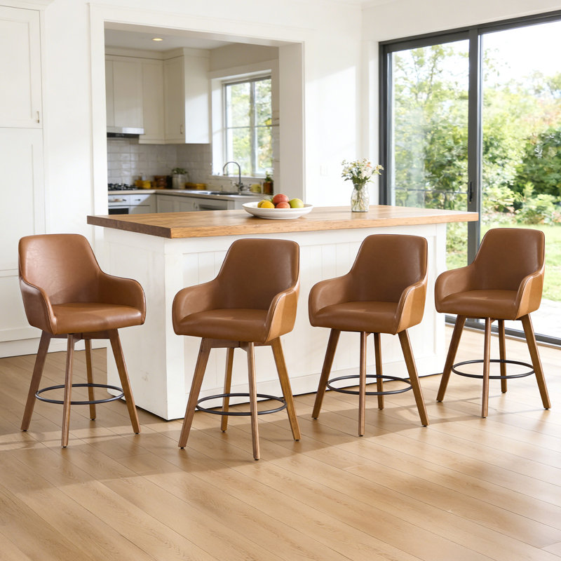 Set of 4 Swivel Upholstered 25'' Counter Stool with Solid Wood Frame & Full Back Arms, Brown