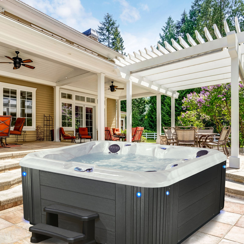 Grand Banks® 5-Person 81-Jet Lounger, Steps included, Hot Tub Spa with 3 Pumps, LED Lighting and Ozonator, Gray