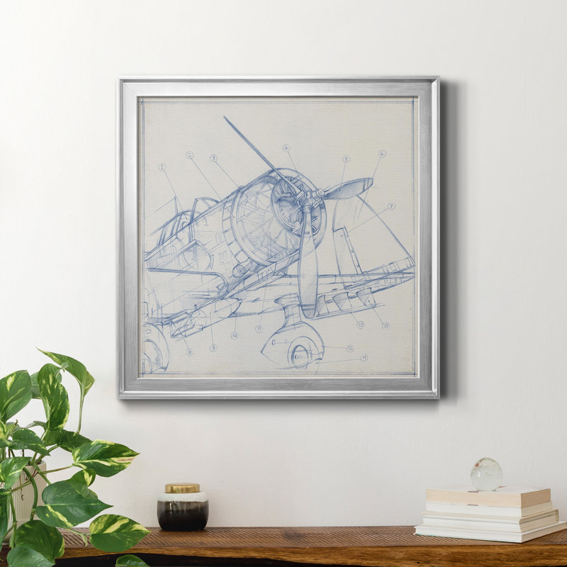 Croquis mécanique d'avion I-Premium, reproduction encadrée - prêt à être accroché, Toile avec cadre argenté, Pas de tapis