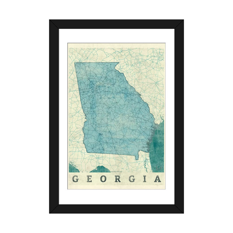 «Georgia Map», impression sur toile, Papier avec cadre noir, H 24 po x l 16 po x P 1 po, Blanc