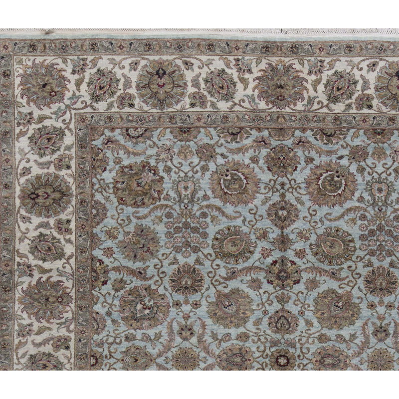 Tapis bleu clair et ivoire noué à la main de haute qualité, Rectangle 7 pi 11 po x 8 pi 11 po
