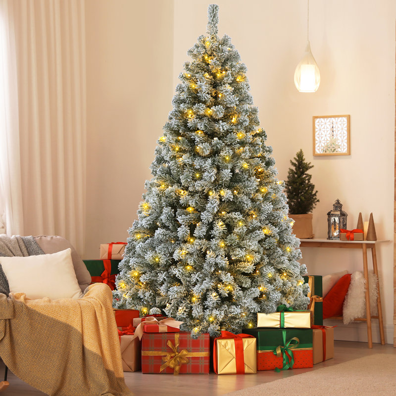 Arbre de Noël artificiel enneigé avec support et lumières DEL Delia, H 6 pi, Transparent/blanc