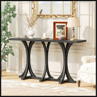 Console de 59,8 po en bois avec plateau en placage de chêne, table d'entrée de ferme avec pieds minces incurvés en bois d'hévéa, parfaite pour le salon, le vestibule, le couloir, les espaces de salle à manger