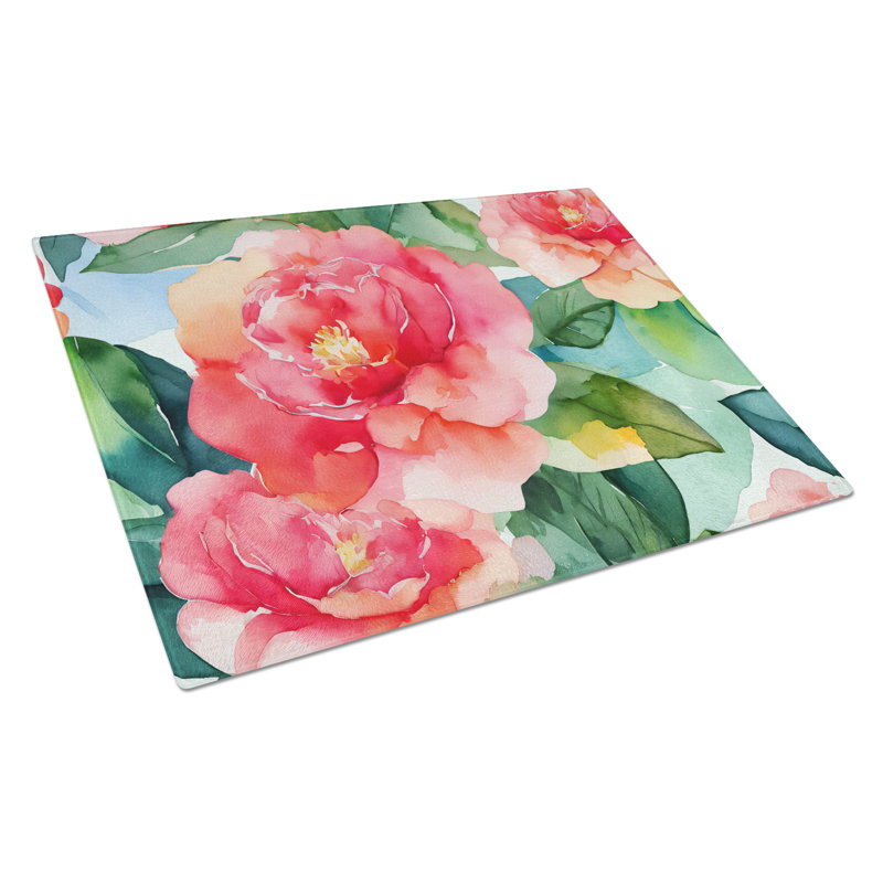 Alabama Camellia in Watercolor Glass Cutting Board Large