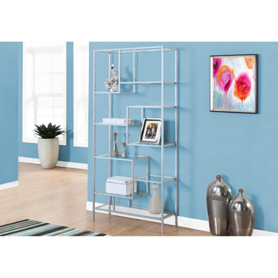 Grey Metal And Clear Tempered Glass Bookcase, Modern Style For Bedroom Hallway Interior
