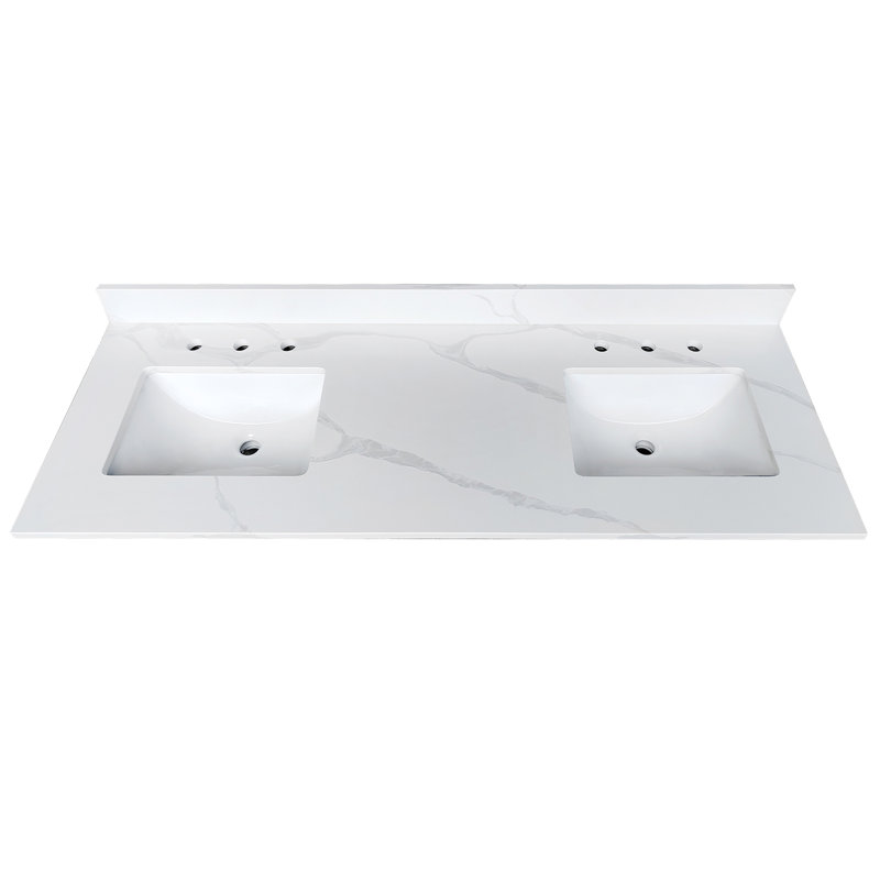 61-inch Quartz Double Bathroom Vanity Top, 3/4 Inch Thick, 2 Undermount Single Center Sinks, 4 Inch High Backsplash, Pre-Drilled Faucet Holes, Stain & Heat Resistant, Carrara White Quartz with Veins