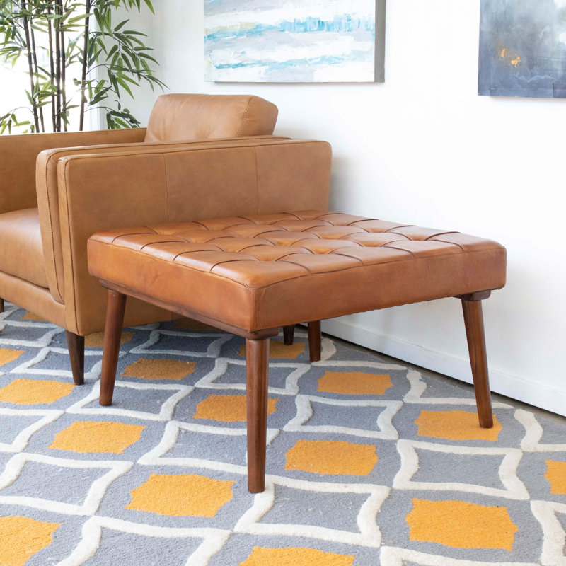 Upholstered Ottoman, Tan Genuine Leather