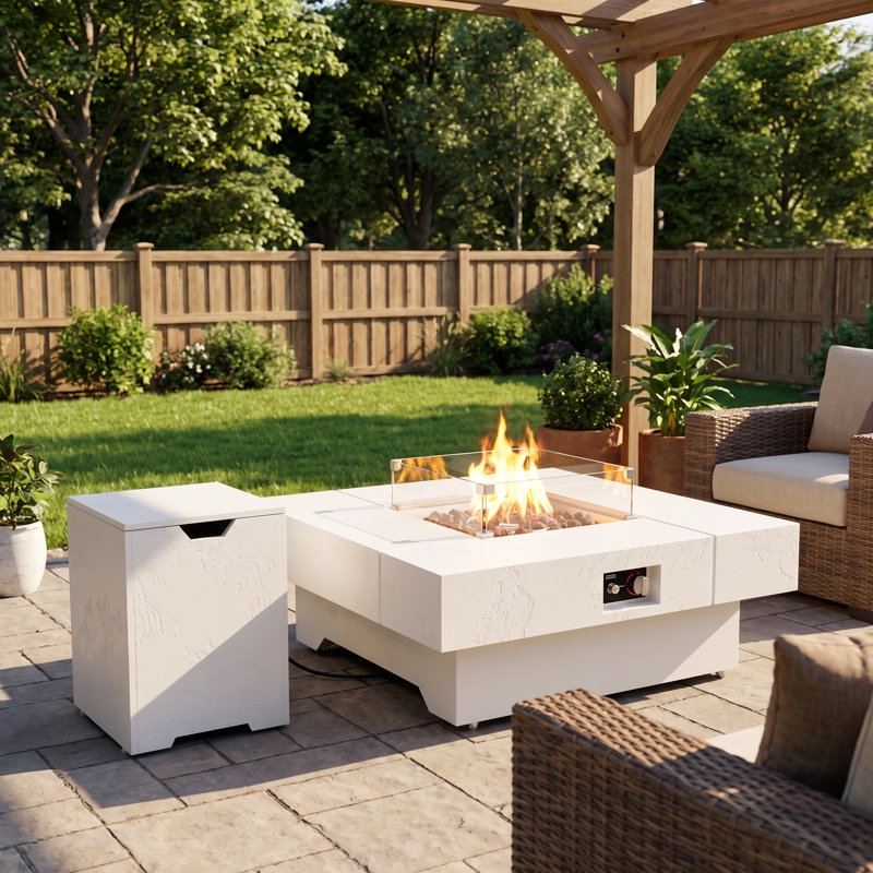 Table de foyer carrée blanche au propane de 105 cm (41,3 po) avec couvercle de réservoir et pare-vent en verre