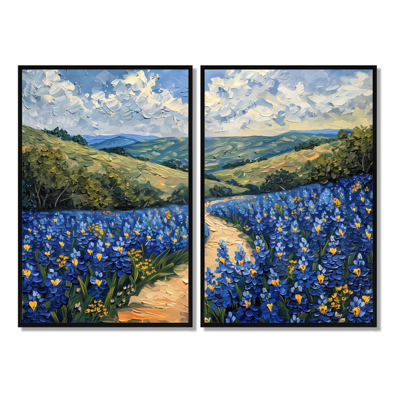 Blue Green Meadow Charm Blue Bonnets V - Gray, art traditionnel sur toile, 2 pièces, H 36 po x l 48 po, Noir