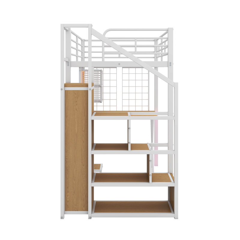 Twin Size Metal Loft Bed With Built-In Work Station, Wardrobe,LED And Storage Staircase