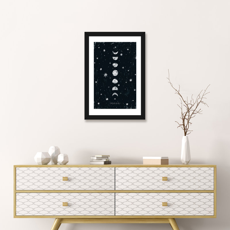 Phases de lune - impression d'art graphique, H 24 po x l 16 po x P 1 po, Blanc, Papier encadré noir