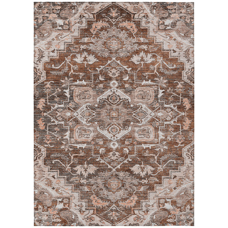 3' X 5' Terra Cotta Brown And Copper Oriental Washable Indoor Outdoor Area Rug