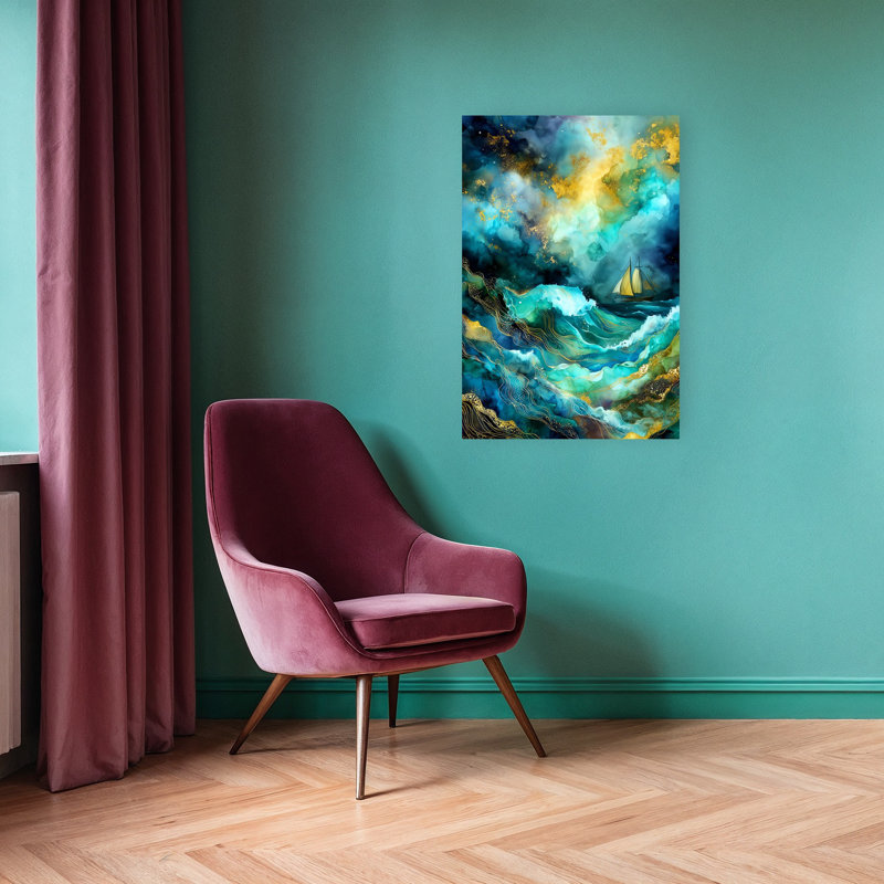 «Golden Ocean Journey», art mural abstrait, nature et océan contemporain, H 36 po x l 24 po