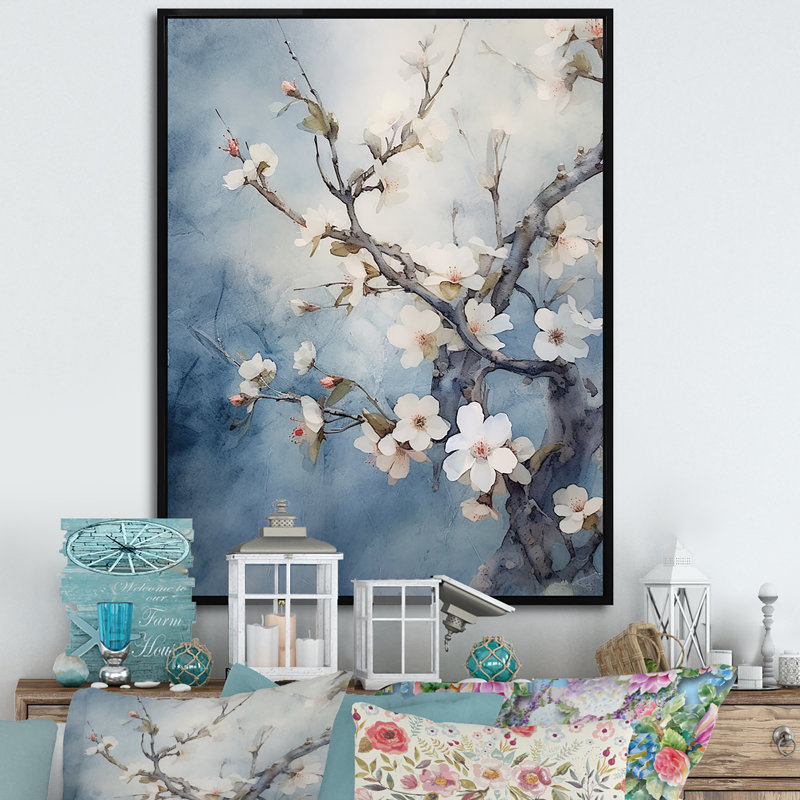«Blue and Gray Cherry Blossoms Sapphire», reproduction d'art sur toile, H 20 po x l 12 po x P 1 po, Cadre flottant noir