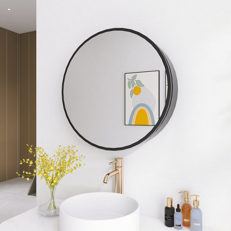 Armoire à pharmacie ronde avec cadre et miroir, 24", Noir