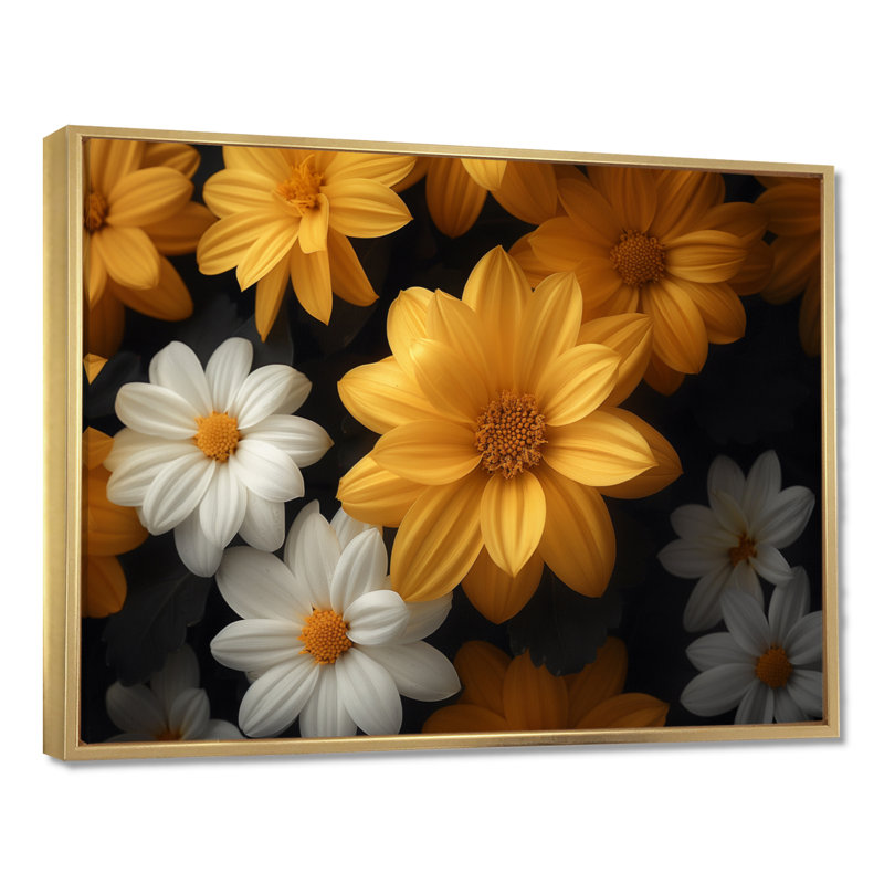 Décoration murale jaune et blanc parfumée Fusion Mums I - Mums, Cadre doré flottant, bois massif