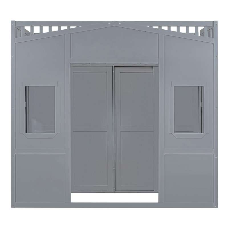 Twin Size House Loft Bed With Ladder And Wardrobe-Grey, Double