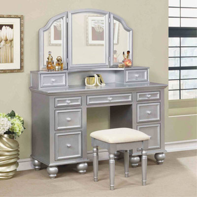 Transitional Style 1Pc Vanity W/ Stool Set Knob Handles Storage Drawers 3-Sidded Mirror Silver Finish Bedroom Furniture