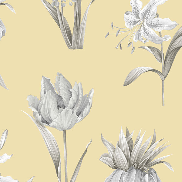 Papier peint floral 32,7 pi x 20,5 po Bywell, Jaune/Gris