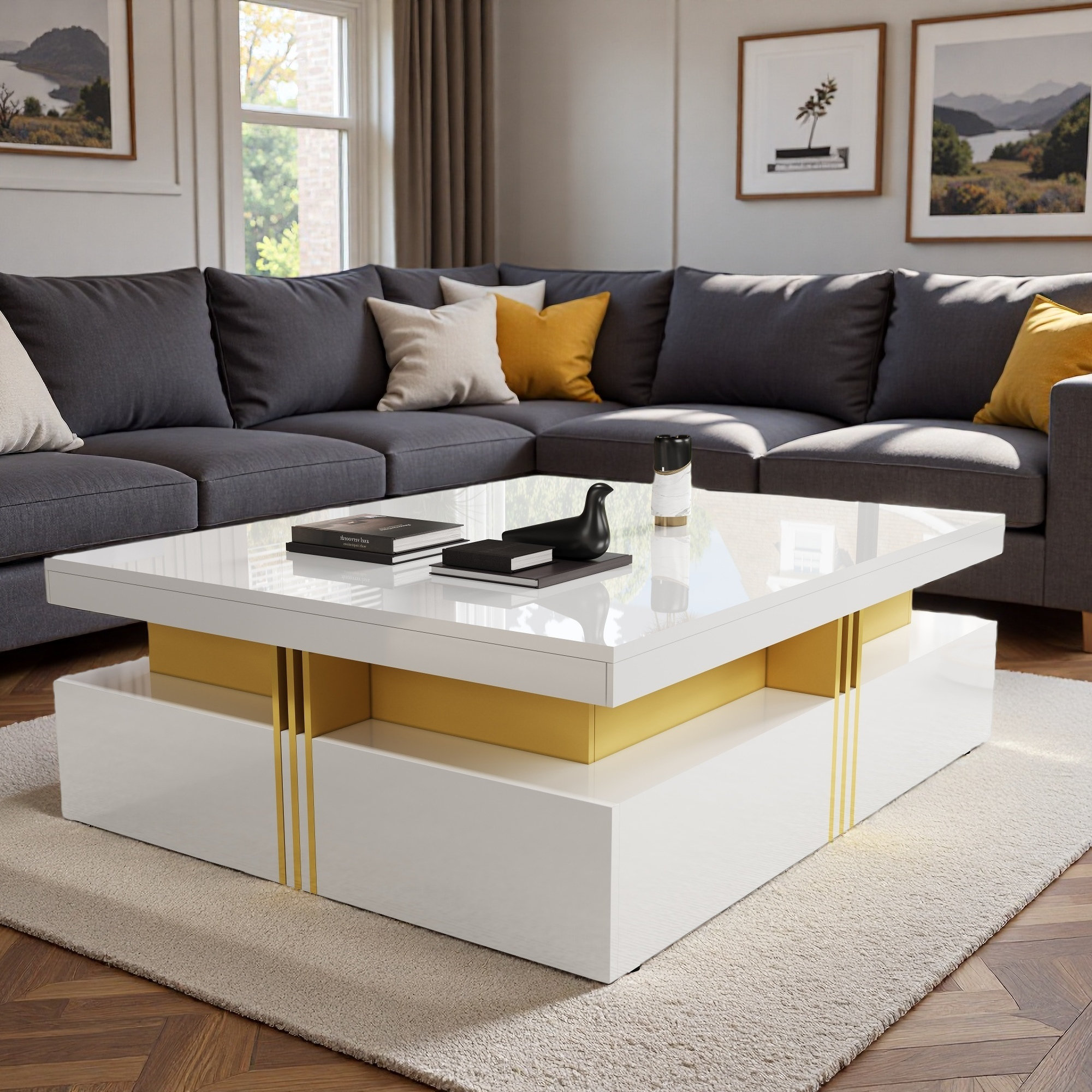 Mercer41 Modern Glossy Square Coffee Table With 4 Drawers - Wayfair Canada