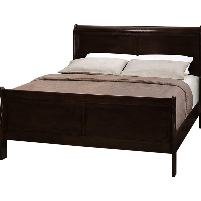 Grand lit à finition cappuccino, conception intemporelle, fabrication en bois franc asiatique pour la chambre à coucher, élément traditionnel élégant, cadre