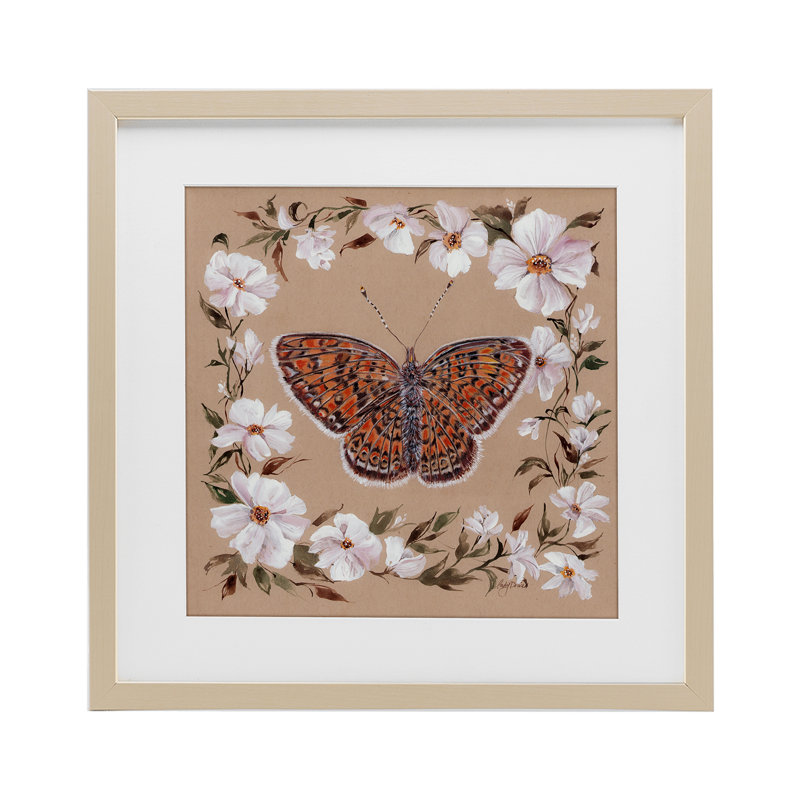 Papillon rétro avec bordure en fleurs, reproduction encadrée sous verre, conception de Cady, Cadre de récolte en pin