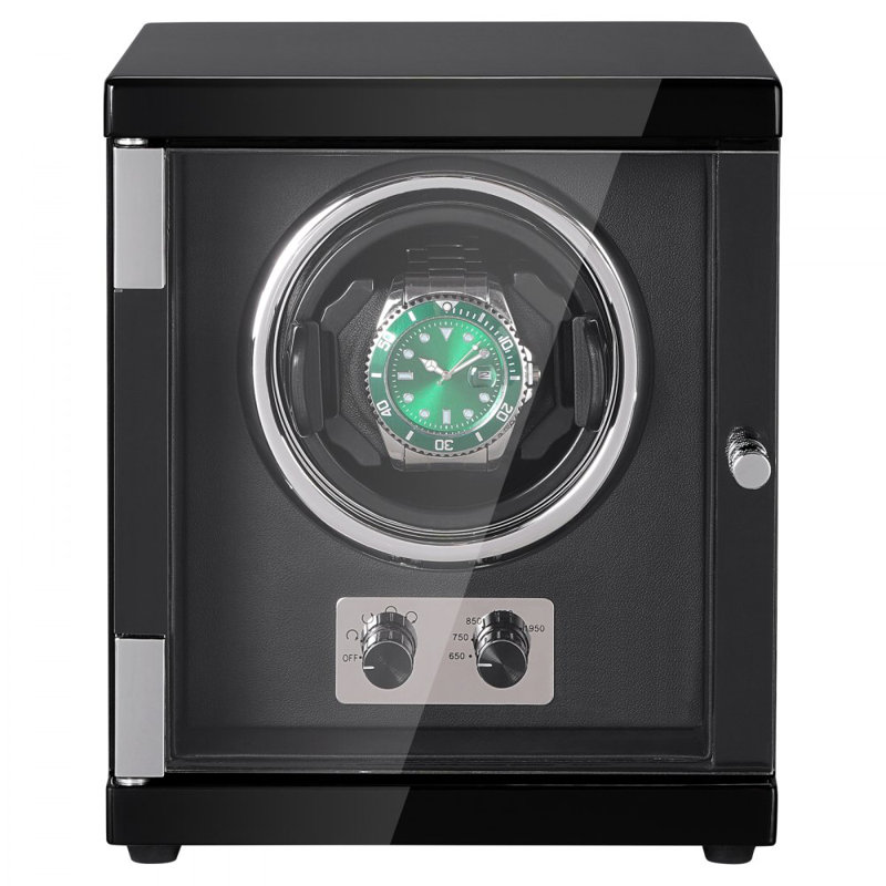 Watch Winder, Single Watch Winder for Men's and Women's Automatic Watch, with Super Quiet Japanese Mabuchi Motor, Blue LED Light and Adapter, High-Density Board Shell and Black PU