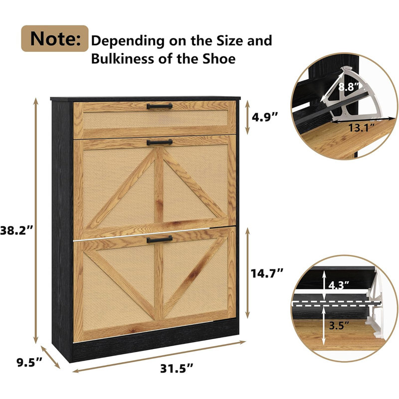 Wood Tilt Out 16 Pair Shoe Storage Cabinet with 2 Rattan Flip Drawers for Entryway
