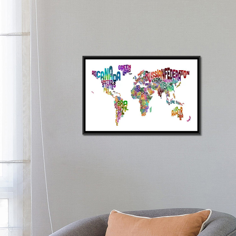 « world (pays), carte typographique ii » par michael tompsett, art textuel sur toile, H 18 po x l 26 po x p 1,5 po