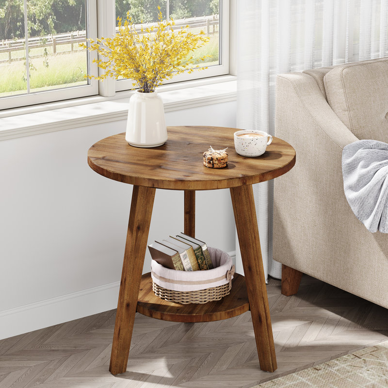 Solid Wood Round Side Table, 2-Tier End Table With Storage Shelf
