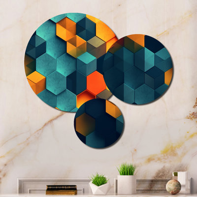 Orange and Turquoise Geometric Abstractions - Abstract Shapes Metal Art Print Set