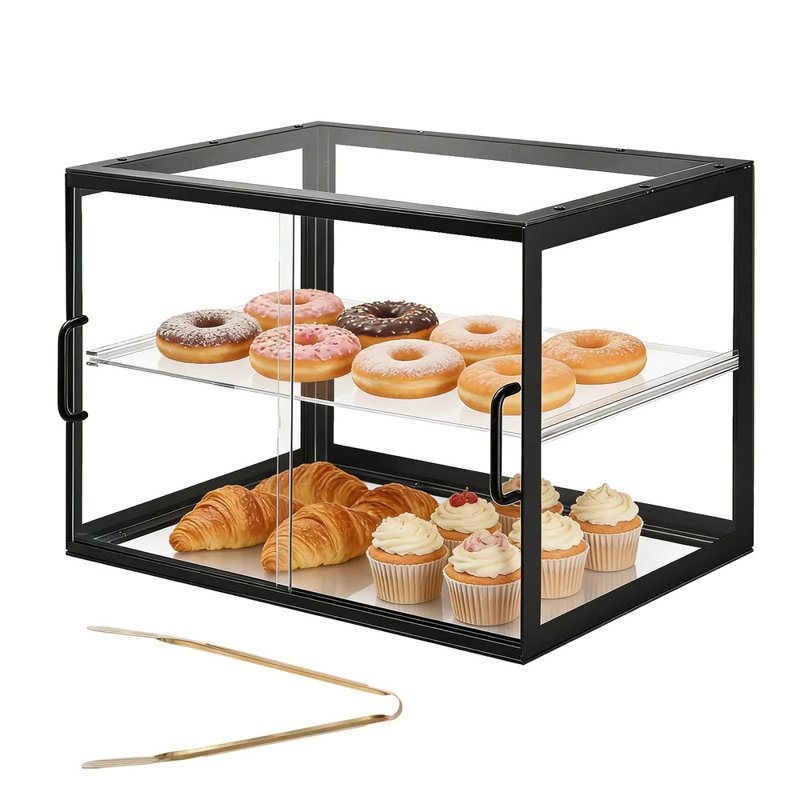 2 niveaux, vitrine de boulangerie, vitrine de pâtisserie commerciale, boîte à pain en acrylique transparent pour la cuisine, armoire à gâteaux de fête avec porte coulissante, pour biscuits, desserts et beignes, 21,7 po x 15,2 po x 15,4 po