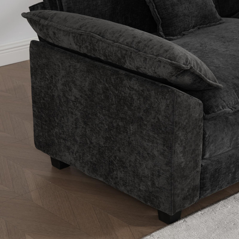 Grid U Shaped Modular Sectional Sofa, Oversized Cloud Couch With Ottoman, Black Chenille, 33" H x 153" W x 30" D
