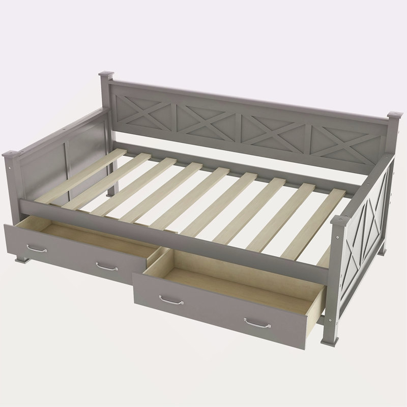 Lit de jour simple avec 2 grands tiroirs, structure en X, lit de jour moderne et rustique, Gris