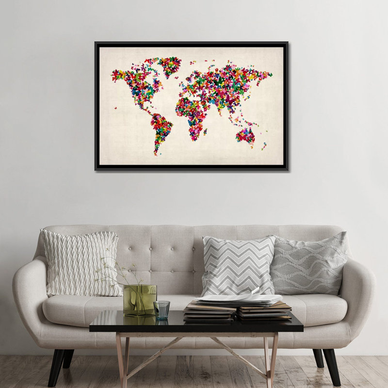 « papillons world map ii », impression sur toile, Pas de tapis, Toile avec cadre flottant noir, H 18 po x l 26 po x P 1,5 po