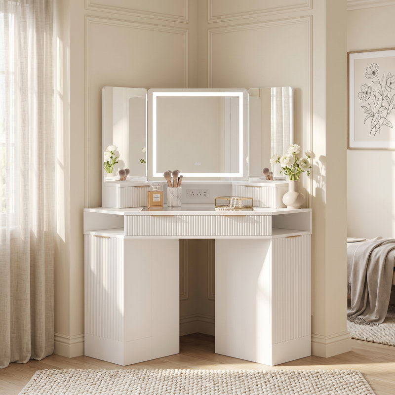 Corner Smooth Painted Finish Makeup Vanity With Smart 3-fold Mirror, Built-in Power Strip, Glass Top, Gold Handles & Ample Storage Space