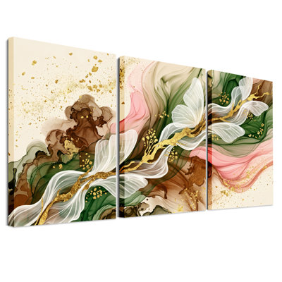 Ensemble de 3 toiles murales représentant des fleurs abstraites blanches et des branches dorées sur fond vert