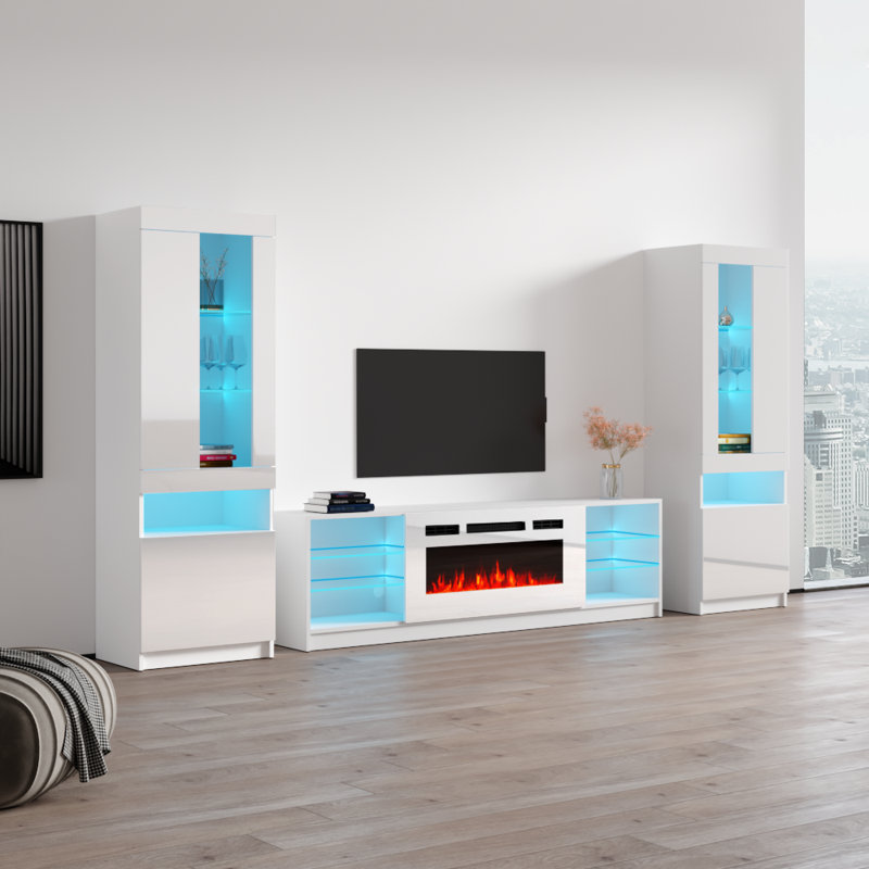Delaine 126" Modern Entertainment Center with Electric Fireplace, High Gloss Finish, Media Storage, White