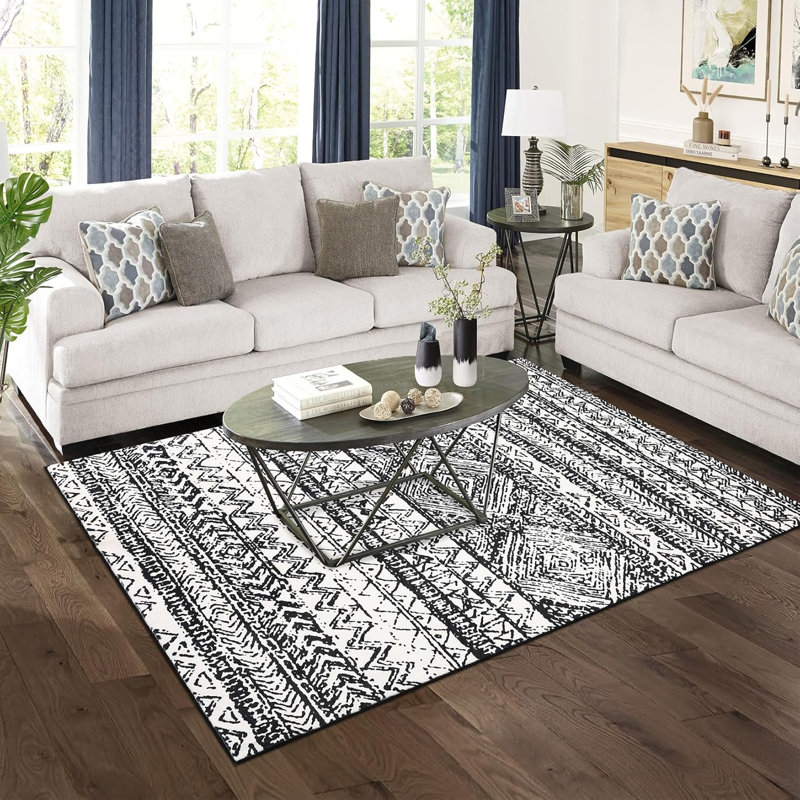 Large Rugs for Bedroom 8x10 Boho Dining Room Rug, Stain-Resistant Low Pile Indoor Carpet, Distressed Geometric Floor Mats for Living Room, Black