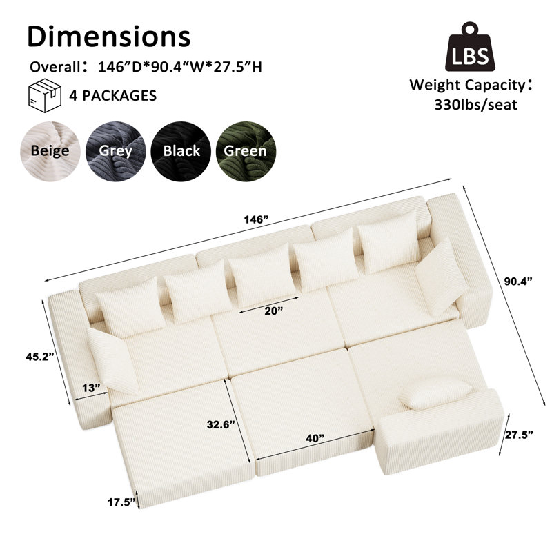 Canapé modulaire modulaire désossé avec méridienne, très grand canapé minimaliste avec sièges profonds, Blanc
