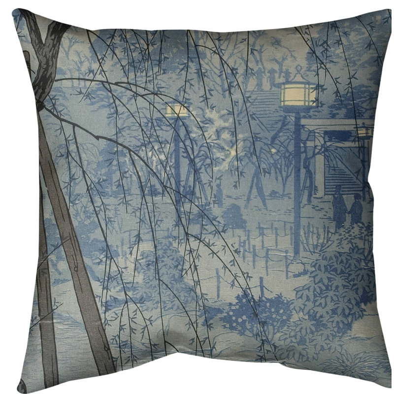 Coussin Euro Misty Evening at Shinobazu Pond, Bleu, Faux lin