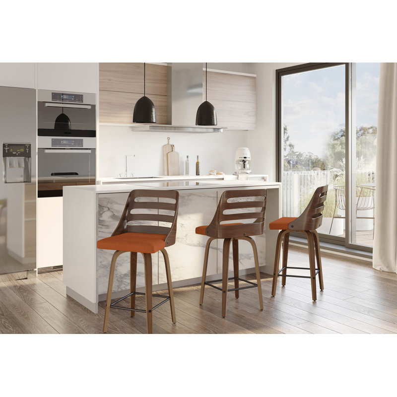 Huitt Upholstered Counter Stools with Bent Wood Legs & Square Footrest, Orange